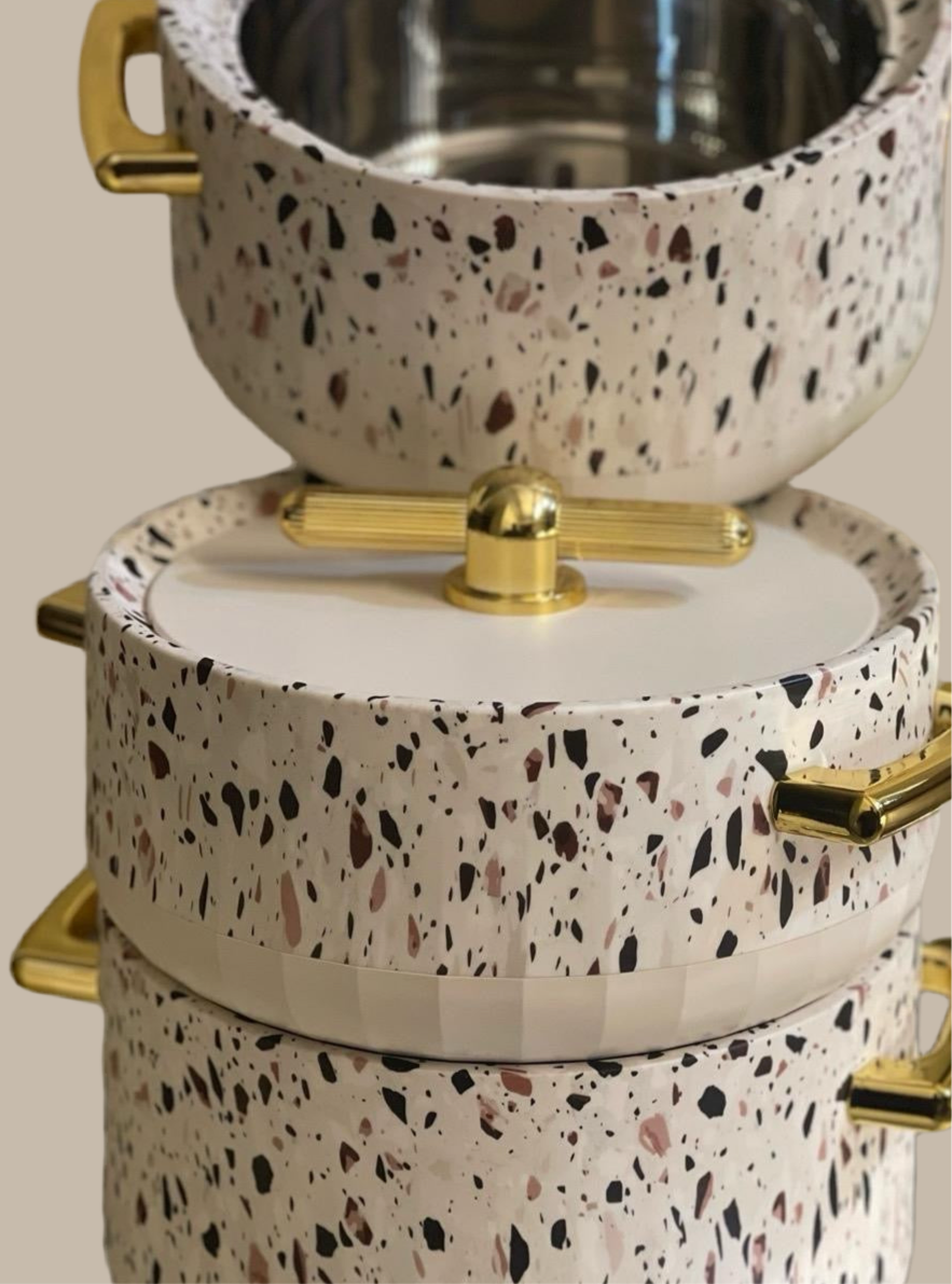 Luxurious Modern Hot Pots Set of 3, Plastic & Stainless Steel, Gold Handles - 1500ML, 2000ML, 2500ML - Matte Ivory/Gold Cookware Kitchen Cover