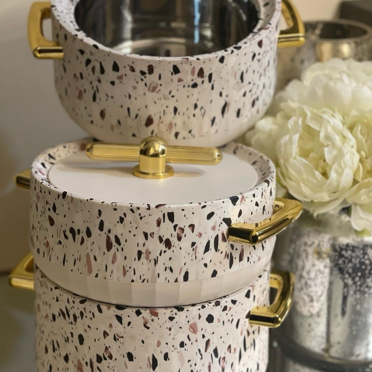 Luxurious Modern Hot Pots Set of 3, Plastic & Stainless Steel, Gold Handles - 1500ML, 2000ML, 2500ML - Matte Ivory/Gold Cookware Kitchen Cover
