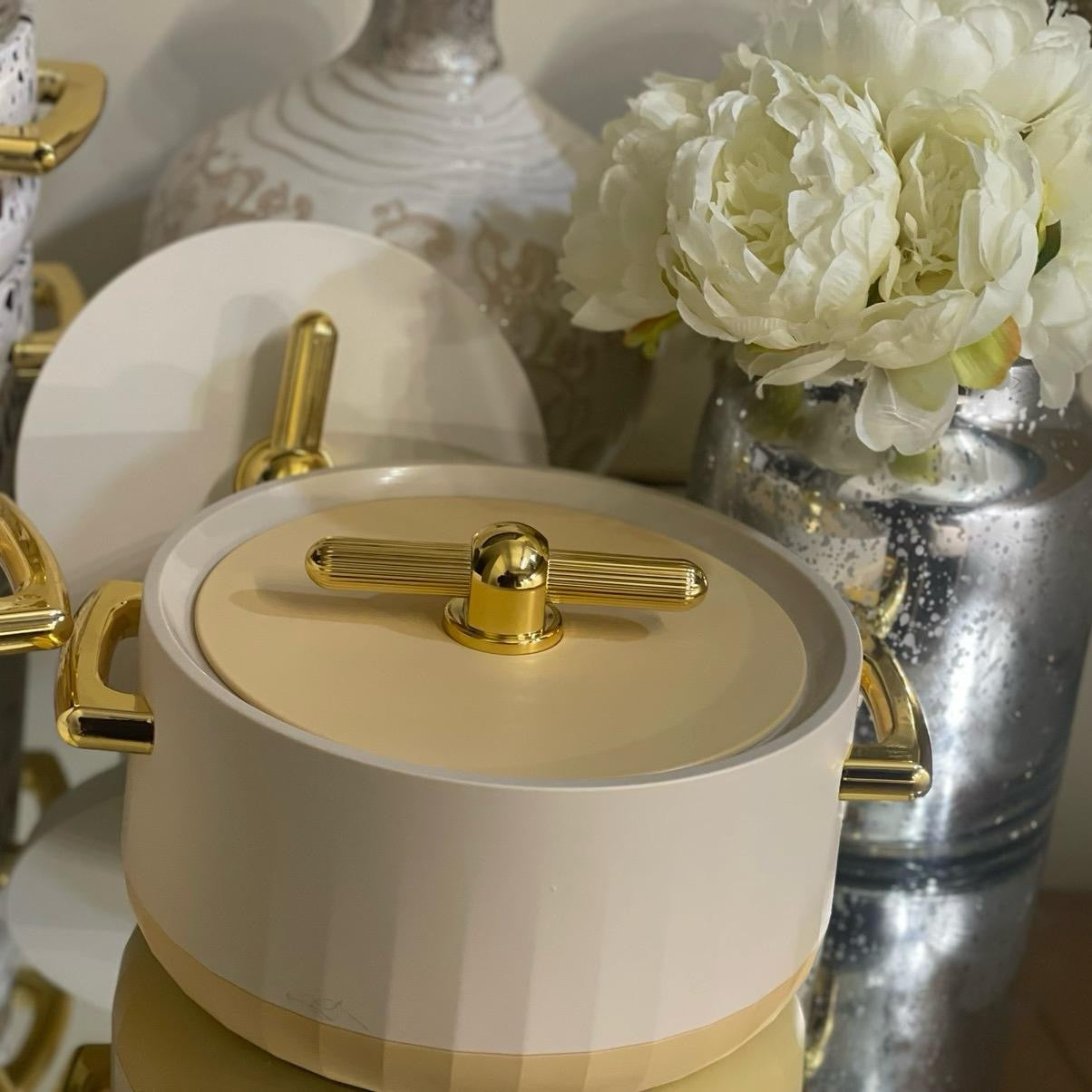 Luxurious Modern Hot Pots Set of 3, Plastic & Stainless Steel, Gold Handles - 1500ML, 2000ML, 2500ML - Matte Ivory/Gold Cookware Kitchen Cover