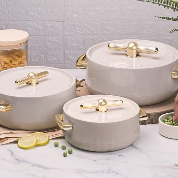 Luxurious Modern Hot Pots Set of 3, Plastic & Stainless Steel, Gold Handles - 1500ML, 2000ML, 2500ML - Matte Ivory/Gold Cookware Kitchen Cover