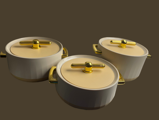Luxurious Modern Hot Pots Set of 3, Plastic & Stainless Steel, Gold Handles - 1500ML, 2000ML, 2500ML - Matte Ivory/Gold Cookware Kitchen Cover