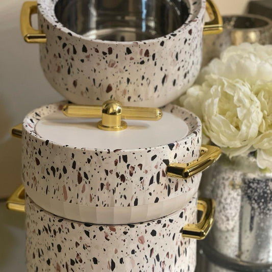 Luxurious Modern Hot Pots Set of 3, Plastic & Stainless Steel, Gold Handles - 1500ML, 2000ML, 2500ML - Matte Ivory/Gold Cookware Kitchen Cover