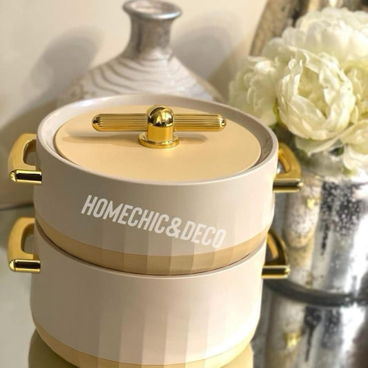 Luxurious Modern Hot Pots Set of 3, Plastic & Stainless Steel, Gold Handles - 1500ML, 2000ML, 2500ML - Matte Ivory/Gold Cookware Kitchen Cover